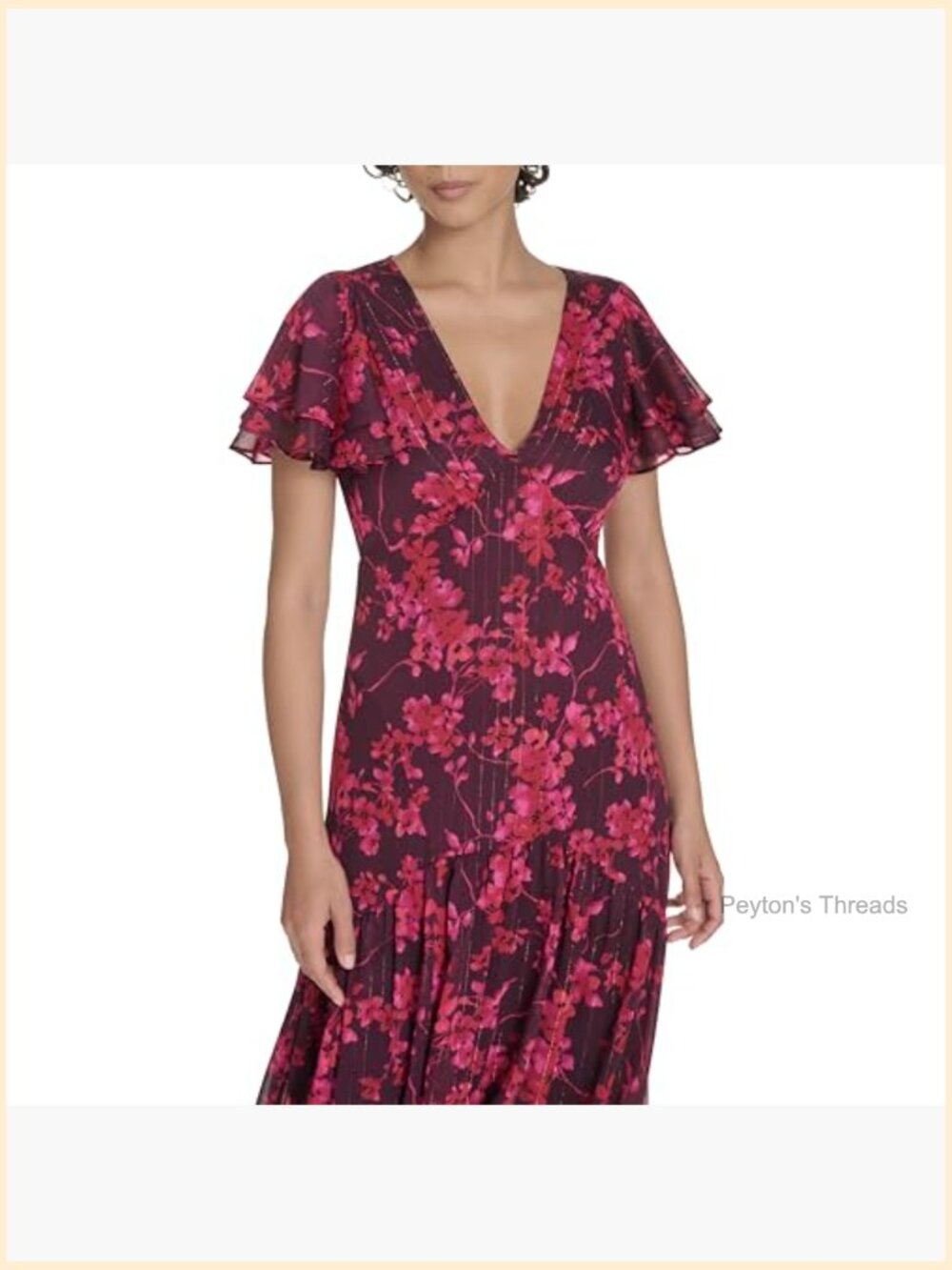 Flutter Sleeve V Neck Tiered Maxi Dress - Polyester Metallic - Picture 2 of 5